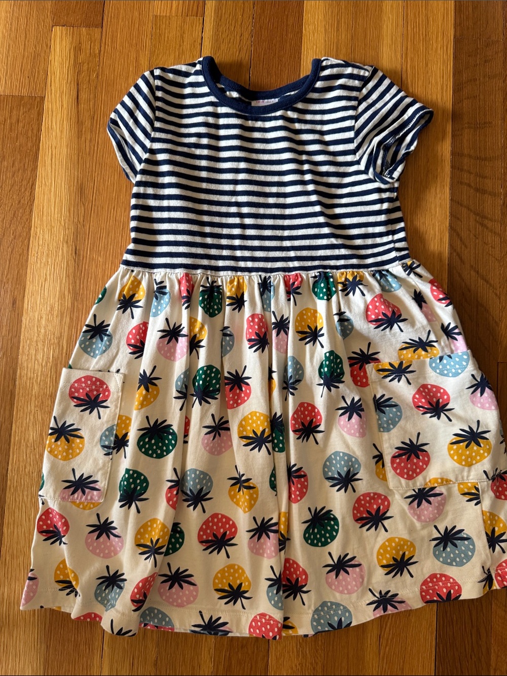 Hanna Andersson Navy Stripe Dress with Multicolor Strawberry Skirt